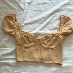 Tan Aritzia Puffed Sleeve Cropped Blouse